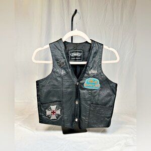 Unik Kids Black Leather Harley Davidson Patches Pins Girls Biker Moto Vest~L~